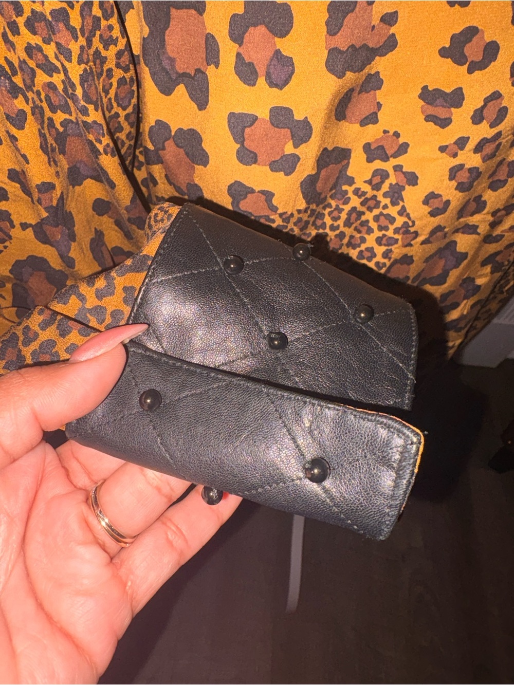 Cache Leopard Print Button-Up Blouse with leather - Picture 3 of 4